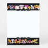 A blank notepad with a black border decorated with colorful mushroom illustrations across the top and bottom edges.