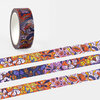 A roll of decorative washi tape with a colorful floral and bee-like patterned design in orange, purple, pink, yellow, and white.