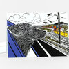 A folded greeting card showing a black-and-white illustration of a dog riding in a moving vehicle beside railroad tracks with yellow trains, birds, clouds, and blue and purple accents.
