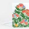 A folded greeting card with a colorful botanical print of green leaves, red-orange flower clusters, and blue and orange butterflies.