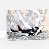 A rectangular greeting card featuring a collage-style map background with black-and-white orca whales swimming across the lower half.