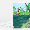 A vertically oriented greeting card with a colorful linocut-style illustration of a figure in a yellow swimsuit leaping over water between trees.