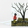 A folded greeting card shows a stylized child in a red coat and yellow boots walking beside a black tree and tall grass.