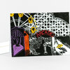 A folded card featuring a black, white, yellow, purple, and red illustrated amusement park scene with the word "ARCADE" across the center.