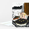 A folded greeting card shows a black-and-white pie-themed illustration with two pies, a floral teapot, mountains, and decorative linework.
