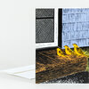 A folded blank greeting card with a colorful linocut-style illustration of three yellow birds on a porch beside a blue wall and black window grille, paired with a white envelope.