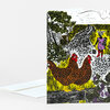 A folded greeting card with a colorful illustrated cover showing two brown chickens in tall grass beside a winding path and a small girl in a purple dress holding a pail.