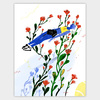 An art print depicting a blue-skinned figure floating diagonally among tall green stems with red flowers, with no visible text.