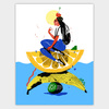 A colorful art print shows a seated person with long black hair holding a drink on a lemon slice above a banana, with a kiwi half below and an apple on the person's head.