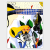An abstract art print shows a blonde-faced figure partly hidden by large black and green leaves, with a blue tiled band across the top and small red accent shapes.