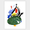 A colorful abstract art print shows a stylized cat composed of overlapping shapes, including a large green striped oval body, a blue face, a red face profile, black limbs, and a small yellow cat at the bottom.