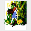 A colorful art print shows a red-haired girl in a blue dress standing among dense green and yellow plant forms with black animal-like shapes and a round yellow shape.