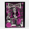 A black-and-magenta horror zine cover titled "MONSTERAMA" with a skeleton-faced figure, a TV, stacked VHS tapes, and multiple spooky category labels including "#2" and "est 2020".