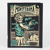 A black-covered zine titled "MONSTERAMA" with a vintage horror illustration of a skeleton-like figure and a smaller spooky face, plus visible text including "Nostalgia Driven Horror Art," "#4," "est 2020," and "Parental Advisory Explicit Content."