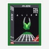 A graphic art print with a black central panel showing a stylized green alien head and the word "ALIEN," surrounded by VHS-style packaging text including "CBS FOX," "HI-FI," and "VHS."