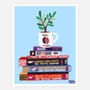 A print showing a stack of Portland Trail Blazers VHS tapes topped with a mug holding a leafy plant, with several visible titles including “BLAZERTOWN,” “BUST A BUCKET,” “RUNNING DOWN A DREAM 1991 PACIFIC CHAMPION,” “RETURN TO RIP CITY 1990 WESTERN CHAMPIONS,” and “MAKE IT HAPPEN! 1992 WESTERN CHAMPIONS.”
