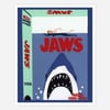 A graphic print depicting a stylized Jaws VHS tape box with a shark rising from the water and the text "JAWS" and "MCA HOME VIDEO."
