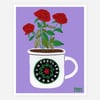 A printed illustration of three red roses growing from a white mug with a Portland Thorns logo and the initials "nm" in the lower right.