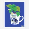 A graphic print shows a white mug with a blue handle holding green leafy stems and a Seattle Seahawks football helmet, with the text "SEATTLE SEAHAWKS" on the mug and small "nm" initials in the lower right.
