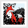 A large-format art print shows a red fox in profile among dense black foliage, with a pale blue sky and three small human figures on a hill in the distance.