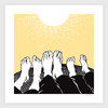 A graphic art print shows several black-and-white feet pointing upward against a pale yellow background with a curved pattern of small white marks above, and a small artist signature at the lower right.