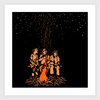 A large art print showing three seated figures gathered around a campfire beneath a starry sky, with a small artist signature in the lower right corner.
