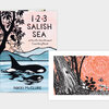 A hardcover book titled "1 2 3 SALISH SEA" with the subtitle "A Pacific Northwest Counting Book" and the author name "NIKKI McCLURE" on the cover, featuring black silhouettes of a tree, orcas, and waves in pink and blue.