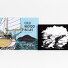 A book cover titled "OLD WOOD BOAT" by Nikki McClure shows a sailboat on the water and a small black-and-white print with birds flying over waves and a cloud.