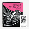 A hardcover book with a bright pink and black cover titled "YOU ARE NOT TOO LATE" with the author name "Nikki McClure" and a black-and-white illustration of a person leaning over flowing water.