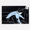 A postcard featuring a black-and-white illustration with a light blue figure bent over and entangled in strands of barbed wire.