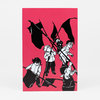 A postcard with a bright pink background and a black-and-white illustration of five children holding large black flags.