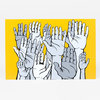 A postcard-sized card with a bright yellow background and an illustration of many raised hands outlined in black and filled in gray and white.