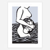 A black-and-white art print showing a stylized figure with an oval belly and the word "INSIDE" printed at the lower right.