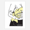 A minimalist art print showing a black-and-white line drawing of a person being held or covered by several hands, with pale yellow areas and the word "SURRENDER" printed at the bottom right.