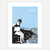 A printed art print with the word "trust" at the top right, showing a black-and-white pregnant swimmer sitting on a dark rock beside stylized blue and white waves.