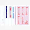 A set of illustrated postcards or cards showing minimalist line drawings and colorful abstract designs, including a pink card with red broken column illustrations.