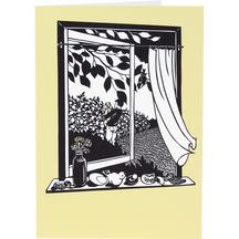 A folded greeting card with a pale yellow front featuring a black-and-white illustration of an open window, draped curtain, leafy branches, and small objects on the sill.