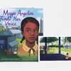A hardcover book titled "Maya Angelou Finds Her Voice" shows an illustrated portrait of a young Maya Angelou on the cover, with the authors and illustrator credited at the bottom and a small matching postcard-sized insert beside it.