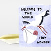 A greeting card with the text "WELCOME TO THE WORLD" and "TINY WONDER," featuring a white stork carrying a swaddled baby against a light purple background.