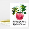 A folded greeting card shows a watercolor-style potted plant with green leaves and the text "THANKS FOR KEEPING MY PLANTS ALIVE."