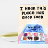 A folded greeting card shows the text "I HEAR THIS PLACE HAS GOOD FOOD" above an illustrated hospital bed tray with the words "FEEL BETTER SOON" and assorted food items.