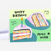 A folded greeting card with a hand-drawn birthday cake design and the text "Happy Birthday" and "Make a Wish" on the front.