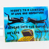 A greeting card shows two scuba divers facing each other underwater above an open treasure chest, with the text "HERE'S TO A LIFETIME OF LOVE AND ADVENTURE DIVING INTO THE DEPTHS OF LIFE TOGETHER".