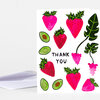 A greeting card with hand-painted-style strawberries, avocado halves, leafy stems, and the words "THANK YOU" in the center.