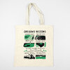 An off-white canvas tote bag with two handles and a printed graphic reading "OREGON'S REGIONS" above illustrated panels labeled Willamette Valley, Portland Metro, Oregon Coast, Southern Oregon, Mt. Hood Columbia River Gorge, Central Oregon, and Eastern Oregon.
