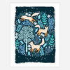 A print showing three foxes among blue and teal forest plants and small flowers on a dark background, with the handwritten text "papio press" at the lower right.