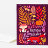 A folded birthday greeting card shows a red fox, a mouse, mushrooms, a pumpkin, and colorful leaves with the text "BIRTHDAY Wishes" on a dark purple background.