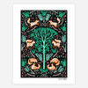 A vertical art print with a black background showing six orange foxes arranged around a turquoise tree and surrounding green leaves and pink flowers, with the text "PAPIO PRESS" at the bottom.