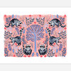 A colorful art print featuring four raccoons surrounded by blue and red leafy floral patterns around a central tree on a pink background, with small "papio press" text in the lower right corner.