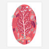 A colorful art print featuring a coral oval with a white branching tree, scattered leaves, small birds, and two foxes near the bottom.